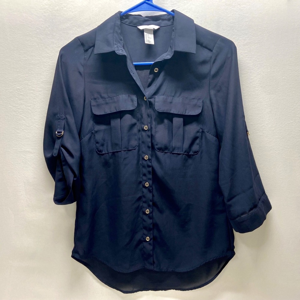H&M Blouse Women's Sz 2 Navy Button Down 3/ 4 Roll Tab Sleeve Semi Sheer Classic